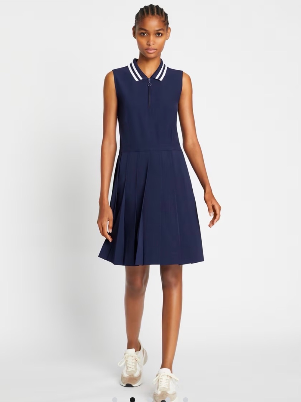 Tory Sport Navy Sleeveless Pleated Polo Zip Dress with White-Striped Collar - Picture 2 of 3
